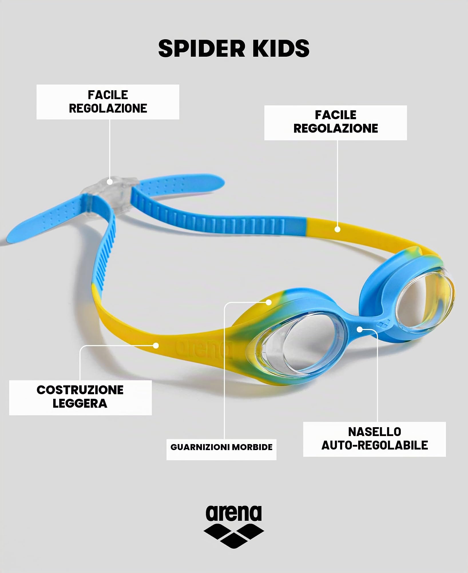 arena-spider-kids-occhialini-da-nuoto-bambini-2-5-anni-lenti-scure-con-protezion image 2